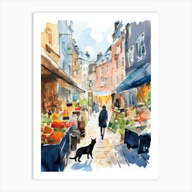 Food Market With Cats In Stockholm 4 Watercolour Art Print