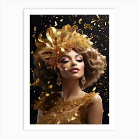 Beautiful Woman In Gold Dress With Confetti Art Print