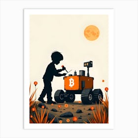 Boy Plays With A Robot Art Print