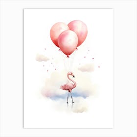 Baby Flamingo Flying With Ballons, Watercolour Nursery Art 1 Art Print