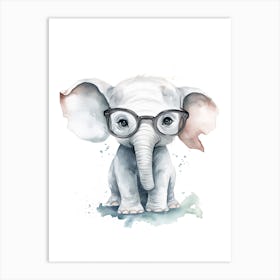Smart Baby Elephant Wearing Glasses Watercolour Illustration 1 Art Print