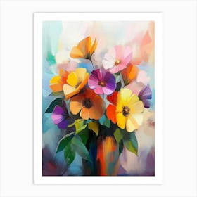 Oil Painting Abstract Colorful Bouquet Flowers And Green Leaf With Vase Art Print