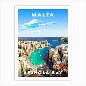 Malta, Spinola Bay — Retro travel minimalist poster 1 Art Print