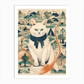 White Cat With Medieval Forest Background Art Print