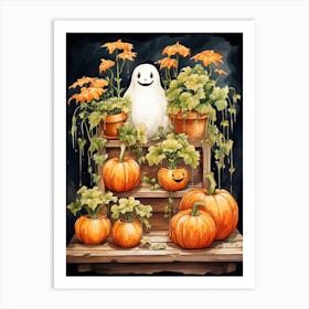 Cute Bedsheet Ghost, Botanical Halloween Watercolour 115 Art Print