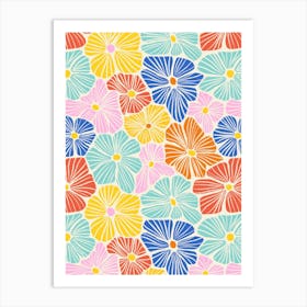 Into The Garden - Flower Mosaic Pink Orange Yellow Red Blue Aqua Textured Hand Drawn Art Print