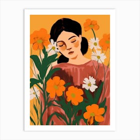 Woman With Autumnal Flowers Portulaca 2 Art Print