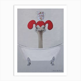 Ostrich With Cups In Bathtub Art Print