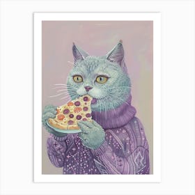 Grey Cat Eating A Pizza Slice Folk Illustration 1 Art Print
