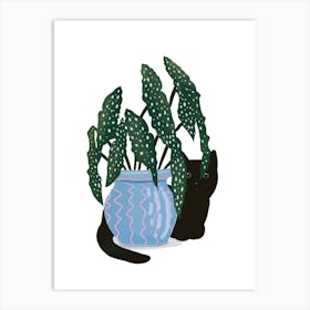 Black Cat, Blue Jar On White Art Print