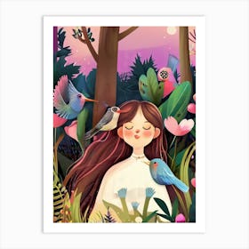 Luxmango Girl Listning To Birs Chirping In Forest Illustraion Art Print