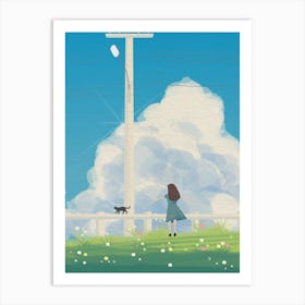 Minimal art Japanese Girl And A Cat Art Print