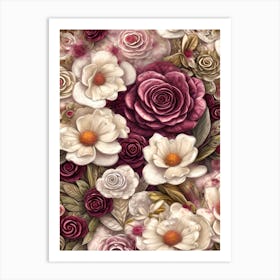 Burgundy Roses, Pink And Ivory Flowers Background Art Print