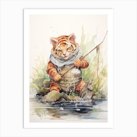 Tiger Illustration Fishing Watercolour 3 Art Print