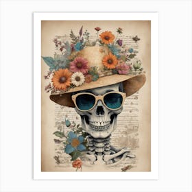 Vintage Floral Skeleton With Hat And Sunglasses (69) Art Print