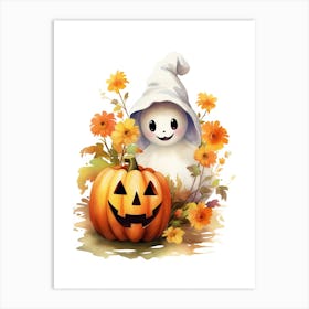 Cute Ghost With Pumpkins Halloween Watercolour 126 Art Print