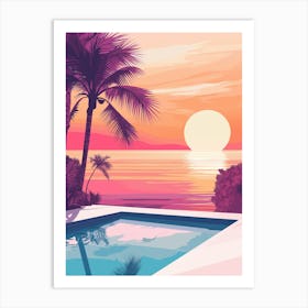 Pool With Palm Trees And The Ocean In The Background Póster