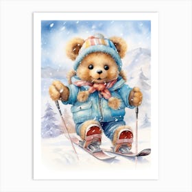 Skiing Teddy Bear Painting Watercolour 4 Art Print