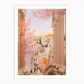Athens Greece 4 Vintage Pink Travel Illustration Art Print
