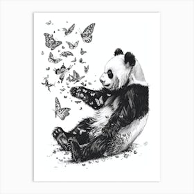 Giant Panda Cub Playing With Butterflies Ink Illustration 1 Art Print