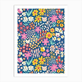 Happy Cats Hiding in the Flower Field - Yellow, Red, Pink on Blue Kids Art Print