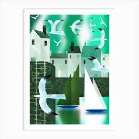 Green and White Seaside Town Art Print