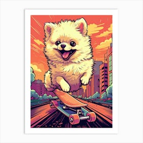 Pomeranian Dog Skateboarding Illustration 3 Art Print