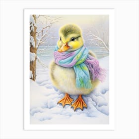 Winter Duckling In A Scarf Pencil Illustration 1 Art Print