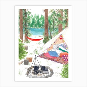 Lakeside Forest Camping Green & White Art Print