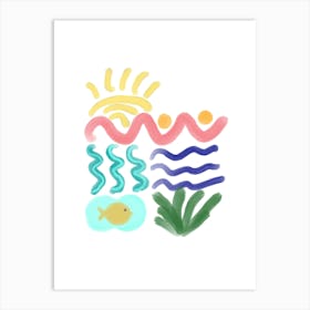 Pastel Colors Yellow Blue Pink Fish and Sun Abstract Nature Poster Art Print