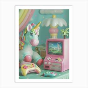 Toy Unicorn Pastel Playing Video Games 2 Art Print