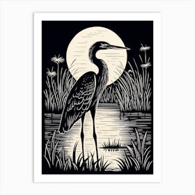 B&W Bird Linocut Great Blue Heron 6 Art Print