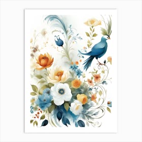 Blue Bird With Flowers 1 Art Print