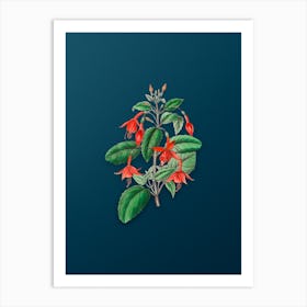 Vintage Standish's Fuchsia Flower Branch Botanical Art on Teal Blue n.0440 Art Print