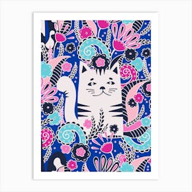 Kitten In The Spring Garden, Blue background Art Print