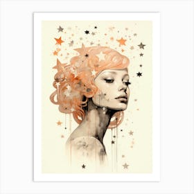 portrait of a woman surrounded by stars illustration Art Print