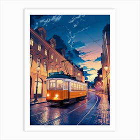 Anime Canvas Art: Vibrant Orange Tram on Curving Tracks at Dusk with Glowing City Windows, Perfect for Lofi Aesthetic and Urban Ambience Fans. Art Print