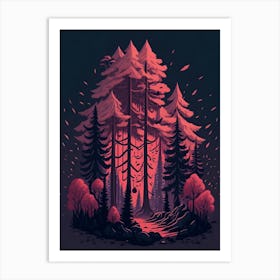 A Fantasy Forest At Night In Red Theme 5 Art Print