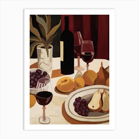 Atutumn Dinner Table With Cheese, Wine And Pears, Illustration 12 Art Print