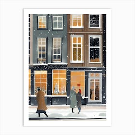 Amsterdam cafes, winter season, Christmas, autumn oil colors, pale colors, pedestrians in the street, winter clothes, falling snow.8 Art Print