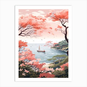 An Illustration In Pink Tones Of A Boat And Trees Overlooking The Ocean 2 Art Print