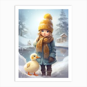 Animated Duckling & Child In The Snow Art Print