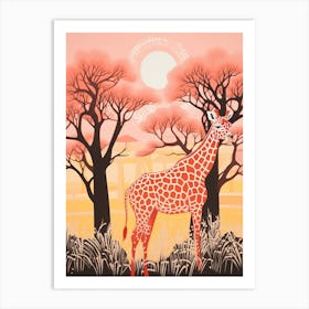 Giraffe In The Trees & Grass At Sunrise  Art Print