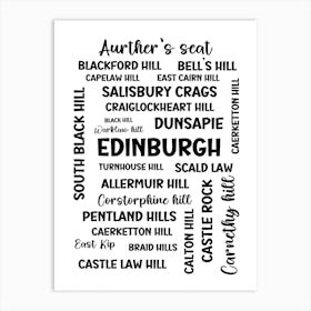 Edinburgh Hills and peaks black Art Print