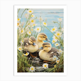 Ducklings With The Flowers Japanese Woodblock Style 2 Art Print