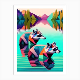 Two Raccoons Swimming In Lake Modern Geometric 2 Art Print