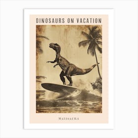 Vintage Maiasaura Dinosaur On A Surf Board 3 Poster Art Print