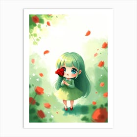 Kawaii Girl with Red Rose Poster