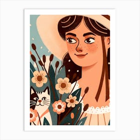 Woman Girl, Cat, Flowers, and Hat Art Print