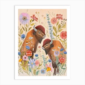 Folksy Floral Animal Drawing Bison 3 Art Print